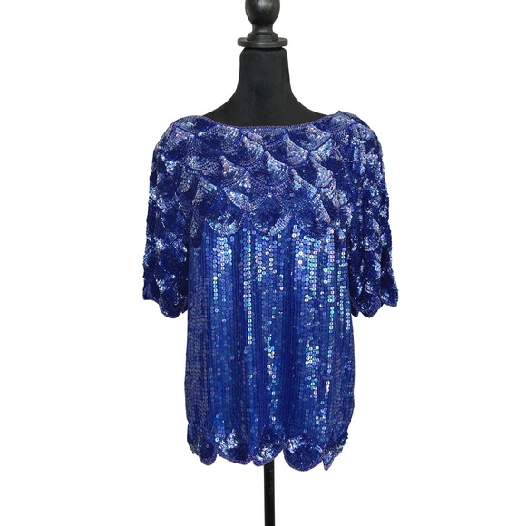 Carolyn Barton Night Vintage Silk Sequin Beaded Scalloped Hem Sapphire Blouse LG